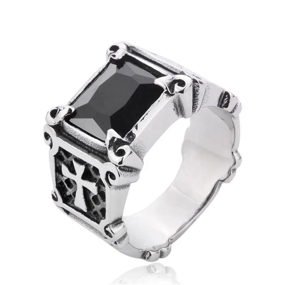 Male Stainless Steel Carved Cross Rings Antique Silver Rectangle Big Red Stone Ring Religious Punk Wedding Fashion Jewelry | Украшения и