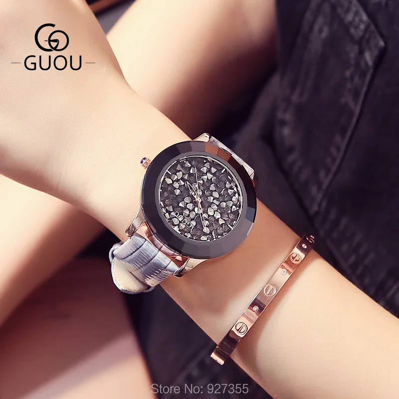 New Fashion Big Dial Women Watches Luxury Lady Gift Rhinestone Watch Gray Genuine Leather Wristwatches Waterproof Clocks | Наручные часы