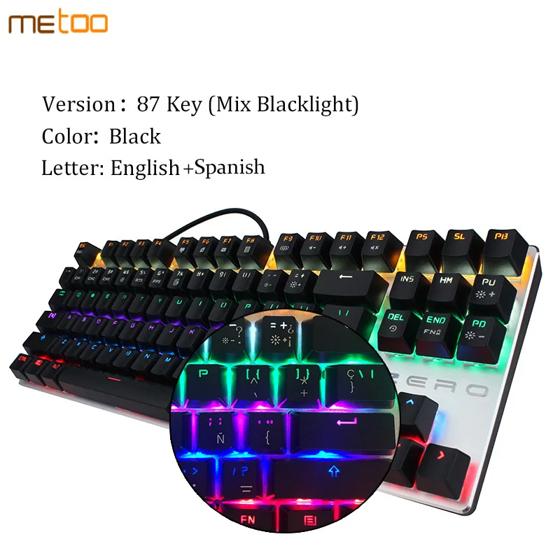 Black Spanish 87 key Metoo edition игровая механическая клавиатура с 87/104 клавишами, с защитой от привидения, Светящийся синий переключатель с подсветкой, проводная клавиатура на английском/русском языке - Цвет: Black Spanish 87 key