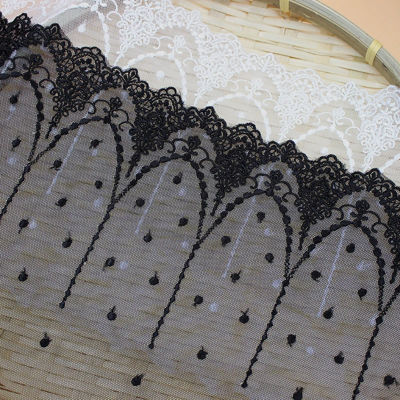

Black off white Lace Trim 10 yards Gauze Mesh Tulle Rayon Embroidered Lace Fabric Ribbon Tapes 20.5cm 8" wide QL4K104