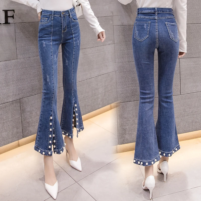 Женские джинсовые брюки новинка 2018 модные с высокой талией узкие Стрейчевые