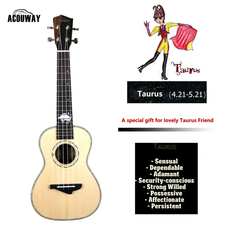 Taurus Acouway твердая ель Топ укулеле ukelele концертный тенор 23 26 укулеле глянцевая отделка 12 подарок зодиака подарок модель с бесплатной сумкой - Цвет: Taurus
