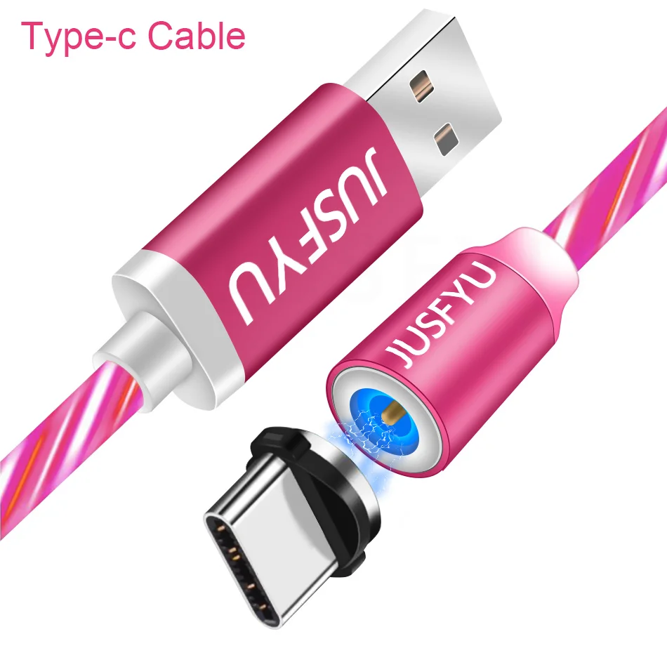 For Type C Red Магнитный usb-кабель со светящимся потоком для iPhone XS MAX XR 7 8, зарядное устройство Micro type C для быстрой зарядки, Магнитный зарядный USB-C type-C - Цвет: For Type C Red