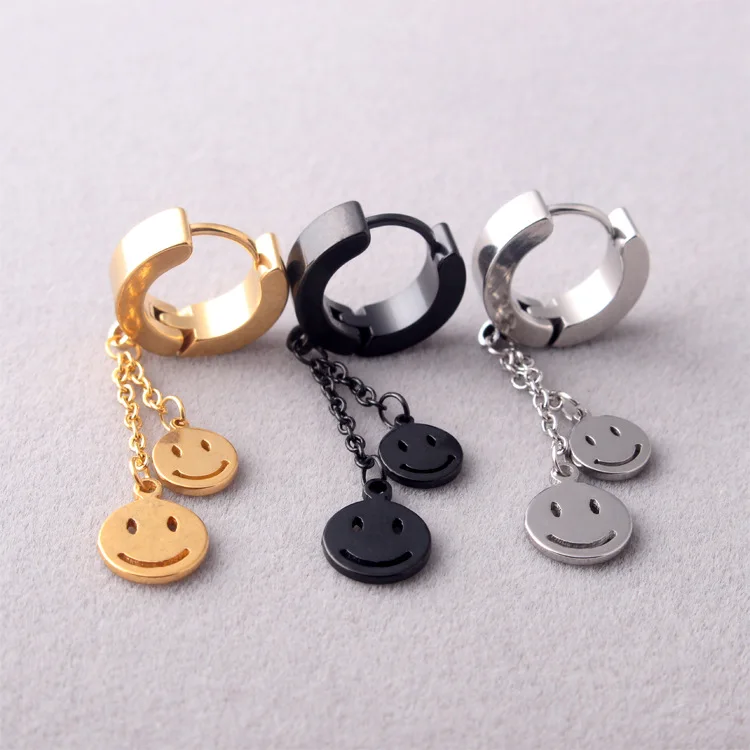 Fashion Punk Men Women Color Gold Black Stainless Steel Double Smiling Face Snowflake Stars Key Hoop Huggie Earrings Jewelry | Украшения и