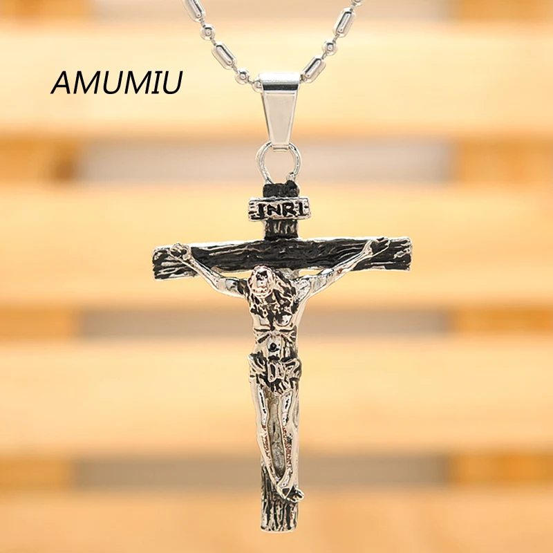 Мужской кулон в виде креста AMUMIU INRI Jesus винтажное ожерелье из нержавеющей стали 316L