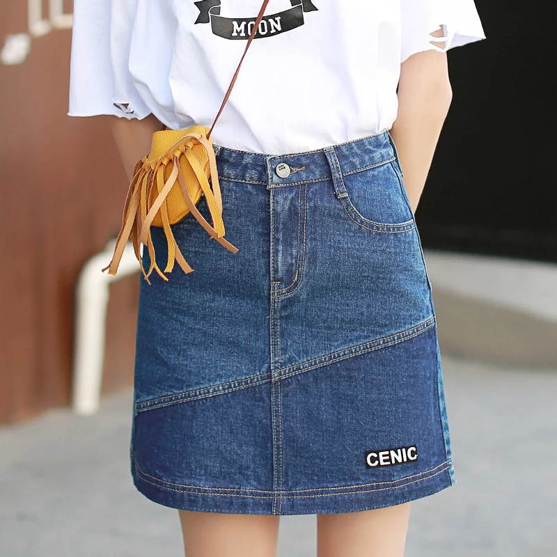Лето 2017 г. женские ulzzang деним Высокая Талия линии Лоскутная старинные юбка