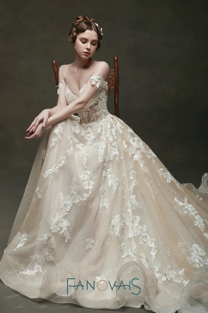 Пляж BOHO свадебные платья с плеча шампанское длинный поезд Vestido De Novia Robe Mairee