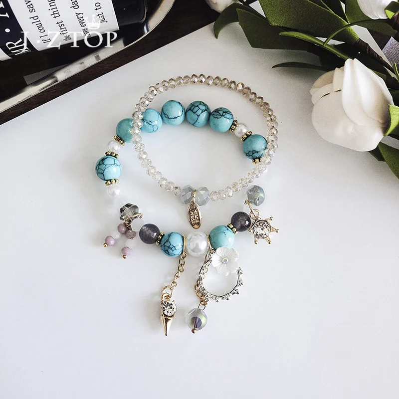 JZTOP Bohemia Beads Bracelets Crystal Crown Flower Pendant Bangles Double Layer Beaded Bracelet for Women Charm Jewelry Gift | Украшения и