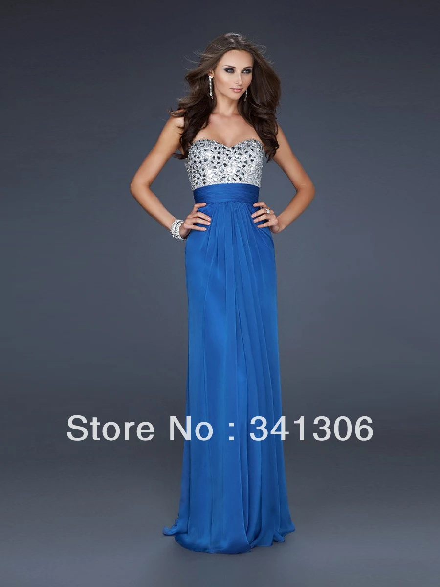 cheap Evening gown Blue 2014 New Arrival Sexy Charming Style Chiffon Sweetheart Glisten Beads gown|gown design|beaded silk gownbeaded evening clutch