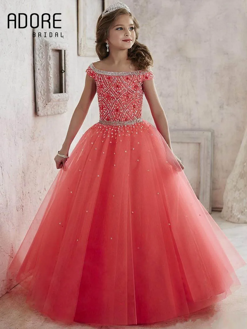 2017 Красивая Империя С Плеча Бисером Кристаллы Pageant Платья для Детей Тюль Длина