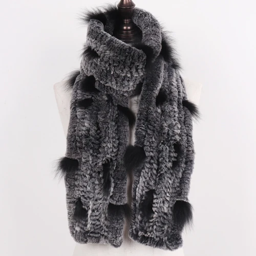 FROST BLACK Женский вязаный шарф из меха кролика рекс роскошный длинный стильный натуральный меховой шарф женский зимний теплый натуральный Лисий мех шарф - Цвет: FROST BLACK