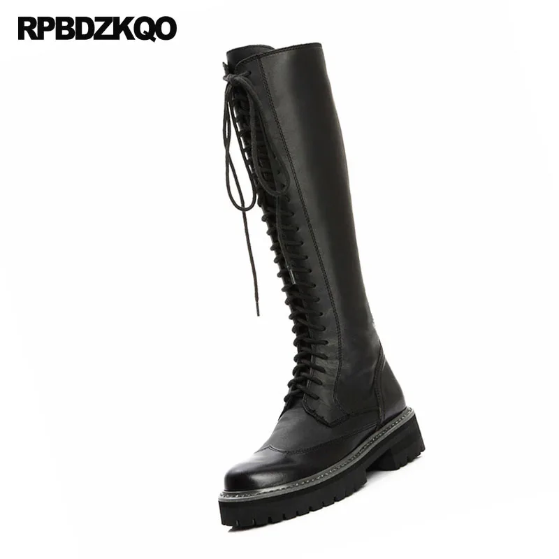 длинный зашнуровать коренастый мех зимняя Британская черный лакированная кожа