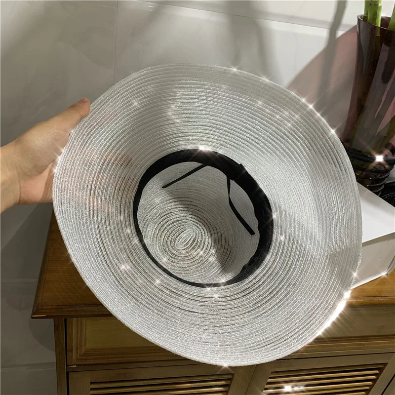 Summer Elegant Wide Brim Beach Hat Hepburn Style Rhinestone Belt Sun Hats Female Foldable UV Protection Sun Visor Caps
