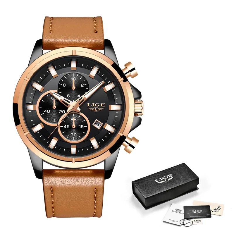 Black rose gold Модные синие кожаные часы LIGE мужские часы Топ бренд Роскошные Кварцевые Золотые часы для мужчин водонепроницаемый хронограф Reloj Hombre - Цвет: Black rose gold