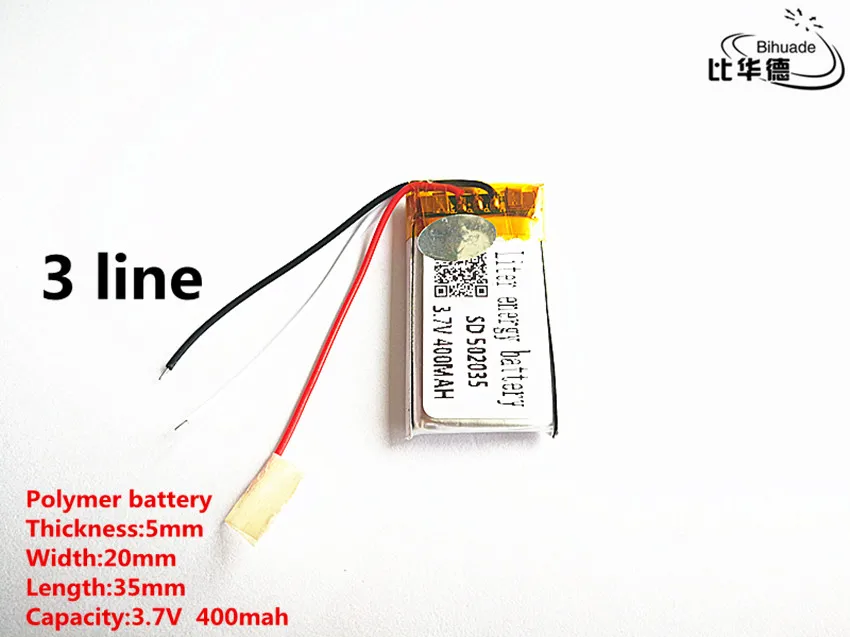 

5pcs/lot 3 line Good Qulity 3.7V,400mAH,502035 Polymer lithium ion / Li-ion battery for TOY,POWER BANK,GPS,mp3,mp4