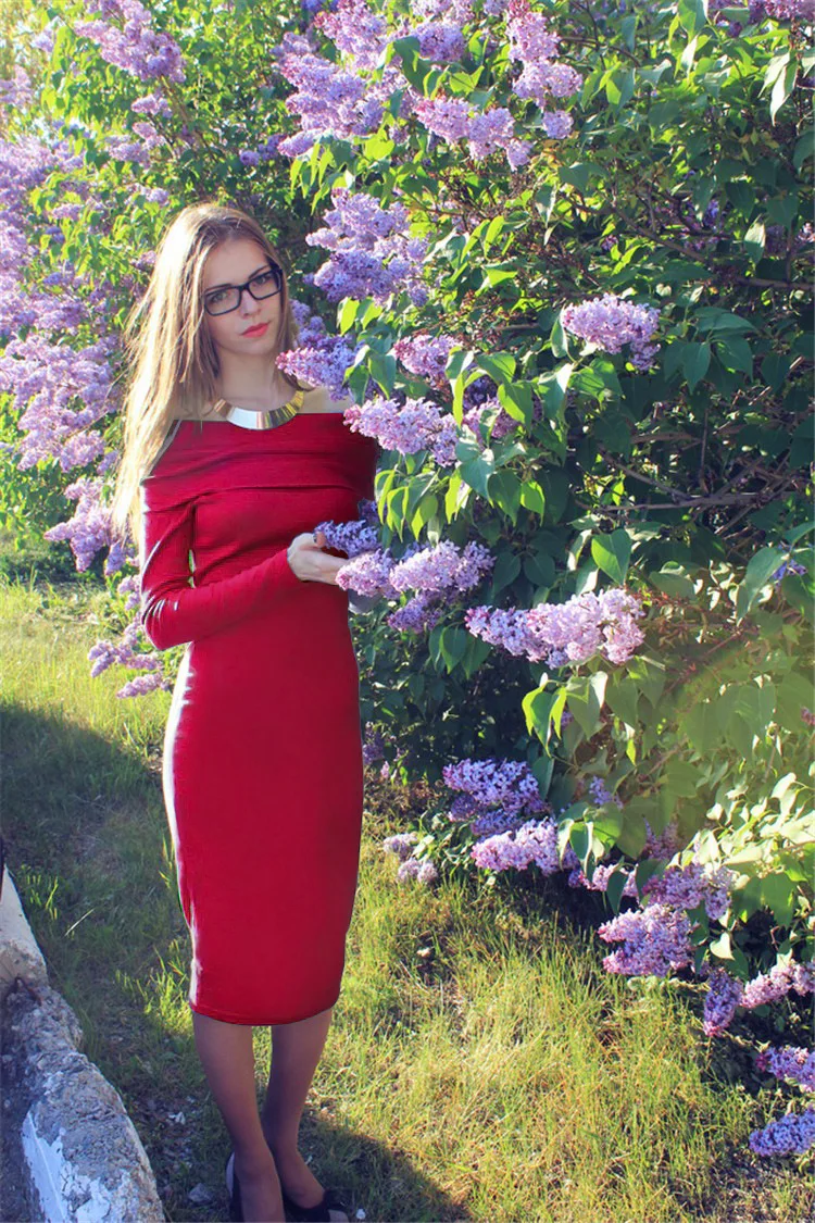 Женщины Sexy Dress Зима Элегантный Длинным Рукавом Slash Шеи Платье De Festa Оболочка Пакет