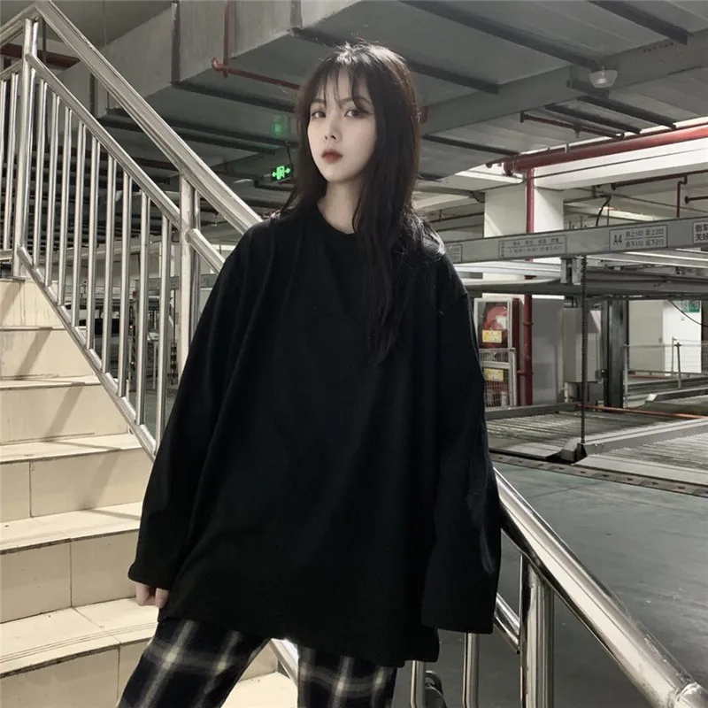Spring Autumn Thin Women's Clothing harajuku loose Solid Tops O-neck long sleeve BF Tees Casual New ulzzang T-Shirts hipster | Женская