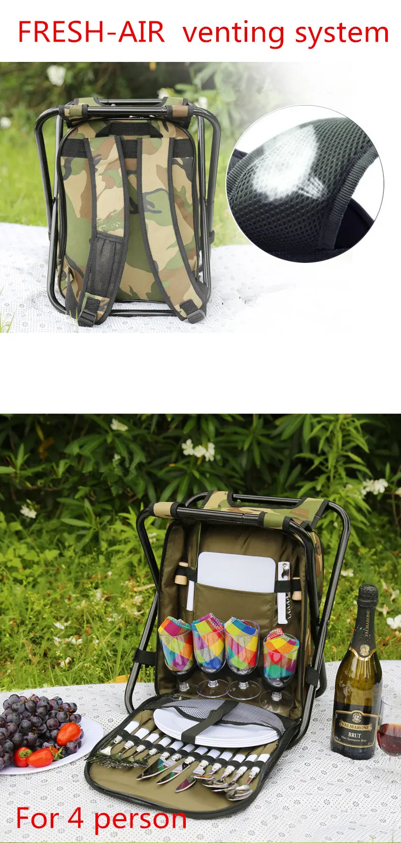 VILEAD 41x31x29 см сумка для пикника с рыболовным стулом и столовыми приборами для 2 или 4 человек Камуфляжный многоцелевой рюкзак для пикника