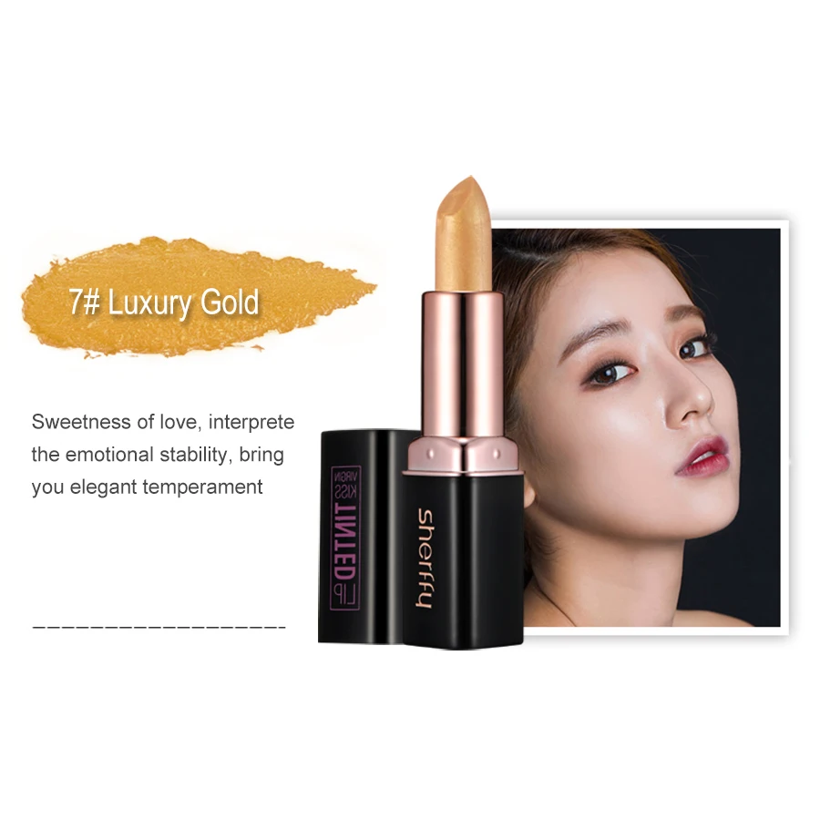 07 Luxury Gold Стойкая губная помада Sherffy, набор, цветной бальзам для губ Virgin Kiss, тонированный бальзам для губ, ретро макияж, Золотая Роза, губная помада, макияж, Быстросохнущий металлик - Цвет: 07 Luxury Gold