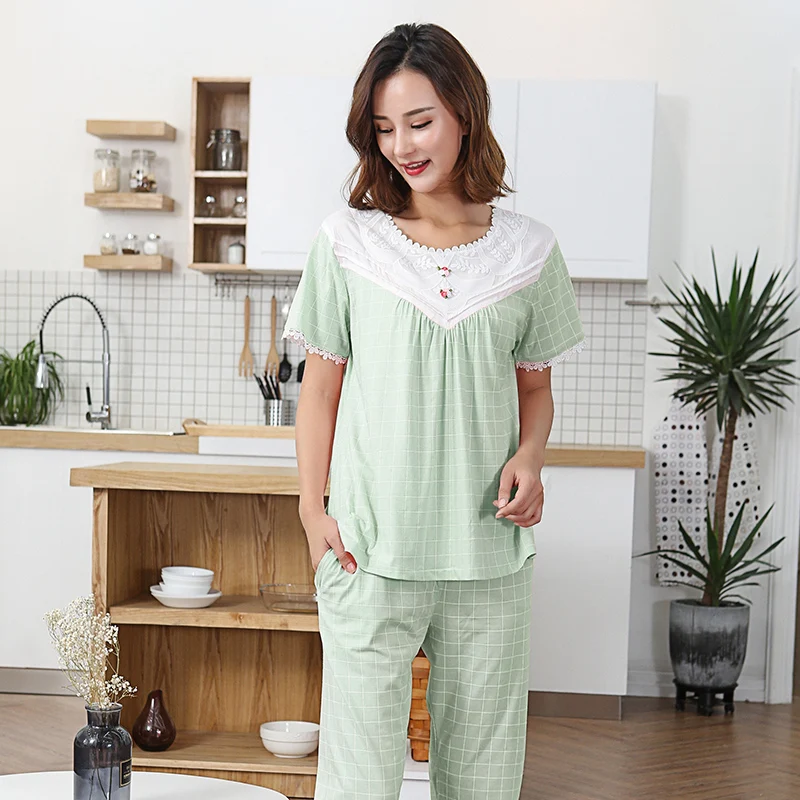 

Summer 100%Cotton Women Pajamas Set Short Sleeve Two Pieces Set Pijamas Women Loose Elegant Plus Size Sleepwear Homewear Clothes