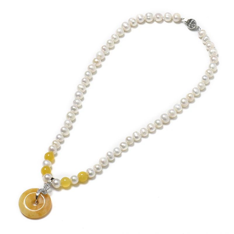 

Transparent yellow pearls with white luster connected to orange copper 25*6 mm pendants 8-9 mm Natural Pearl Necklace