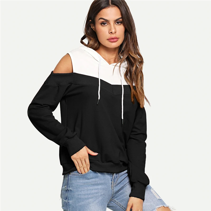 SHEIN Толстовка С Открытыми Плечами И Капюшоном Женская Осенняя Повседневная Толстовка С Длинными Рукавами