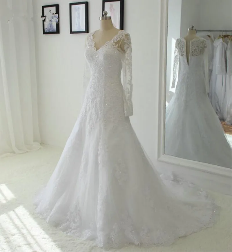 С длинным Рукавом Свадебные Платья 2017 V Образным Вырезом Молния Граф Поезд