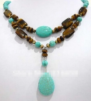 2Strds коричневого жемчуга и синего турецкого камня тигрового глаза ожерелье|stone tiger