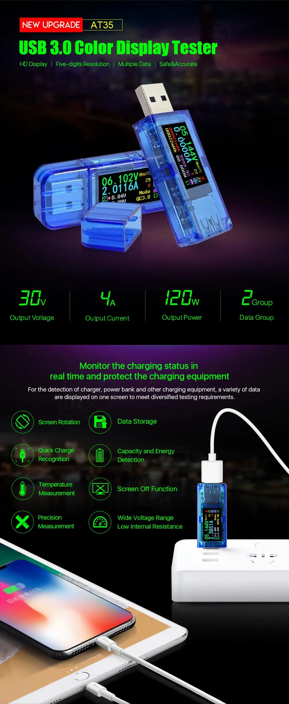 RD AT35 5 цифр USB 3,0 цветной ЖК-Вольтметр Амперметр Напряжение измеритель тока мультиметр Зарядка батареи банк питания USB Тестер