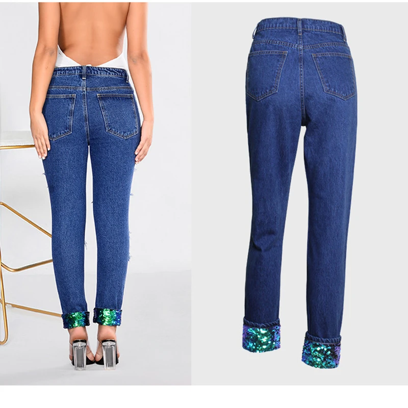 

sequins ripped jeans for women Hole boyfriend jeans for women Straight jeans woman women denim pants jean trousers vaqueros