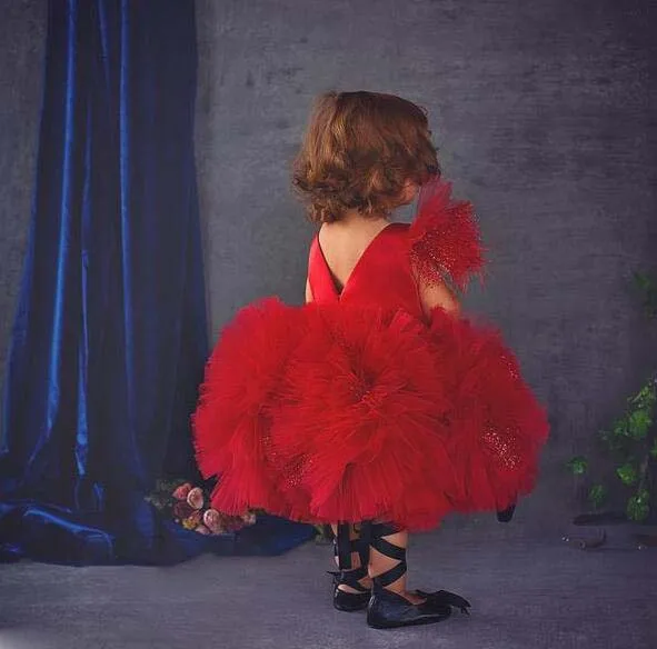 Red short Puffy tulle Ruffles flower girl dresses for party Christmas knee length sleeveless baby infant tutu 1st birthday gown | Детская