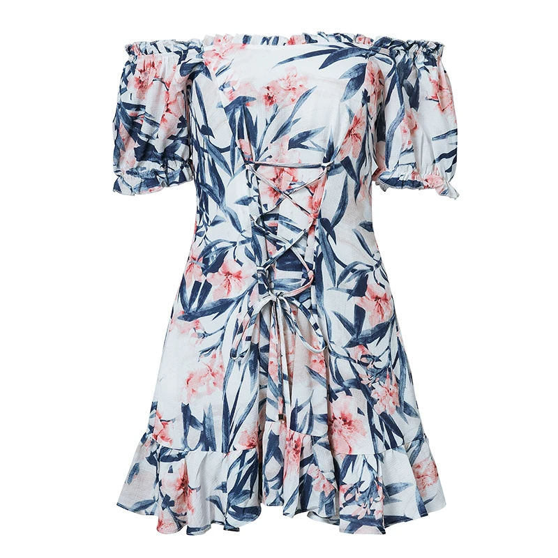 NLW/летнее короткое платье милое с открытыми плечами кружевное оборками цветочный