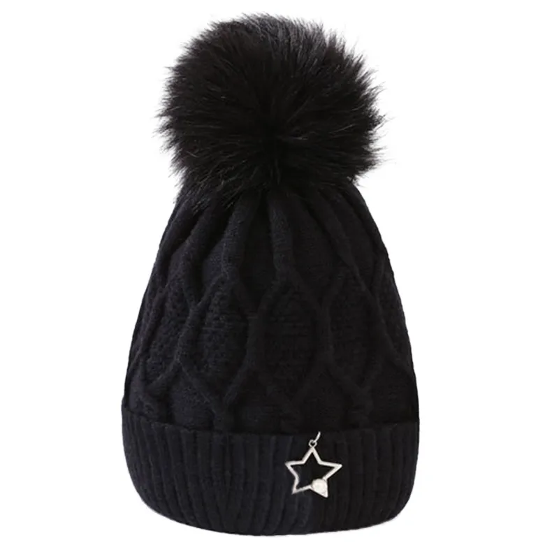 Шерсть вязаная теплая шапки с помпоном для женщин 2018 натуральный мех енота