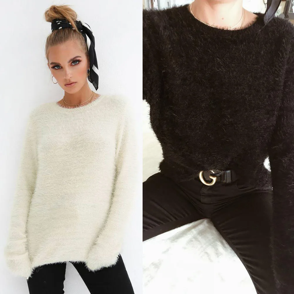 Loneyshow Fashion Autumn Winter New Women Sweater Casual Round Neck Long Sleeve Fluffy Fuzzy Soft Sweaters Pullovers Plush Tops | Женская
