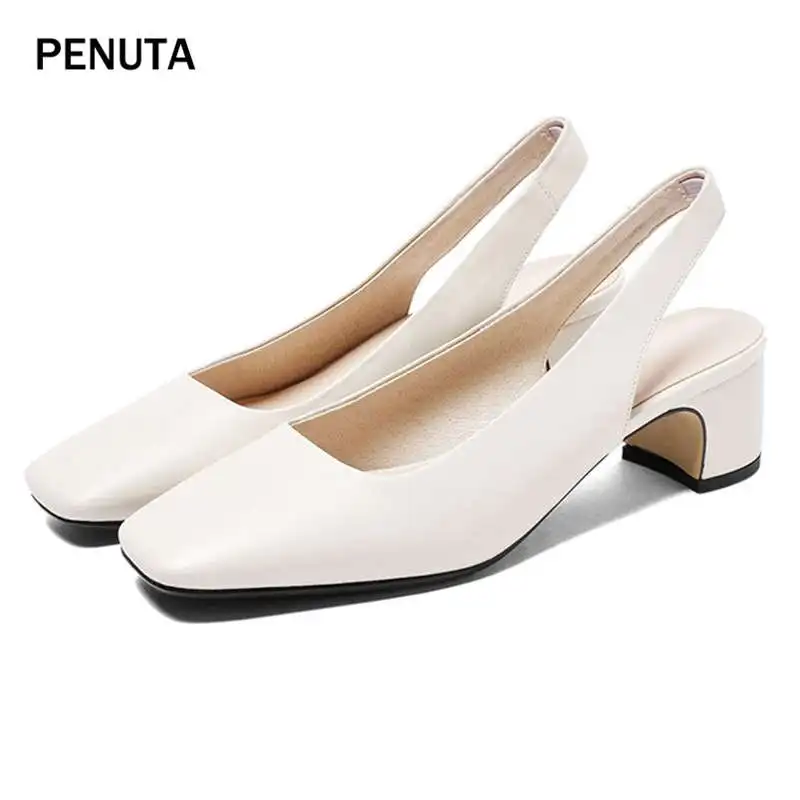 PENUTA/; сандалии из натуральной кожи; женские летние туфли с квадратным носком; повседневная обувь с эластичной лентой; большие размеры 34-43; PX901 - Цвет: Beige
