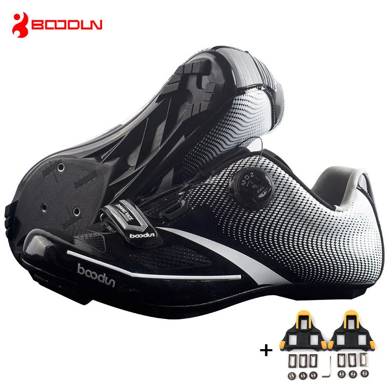 black with cleats Boodun, Мужская обувь для езды на велосипеде, дышащая обувь для езды на велосипеде, автоблокировка, спортивная обувь для гонок, велосипедная обувь, кроссовки, Sapatilha Ciclismo - Цвет: black with cleats