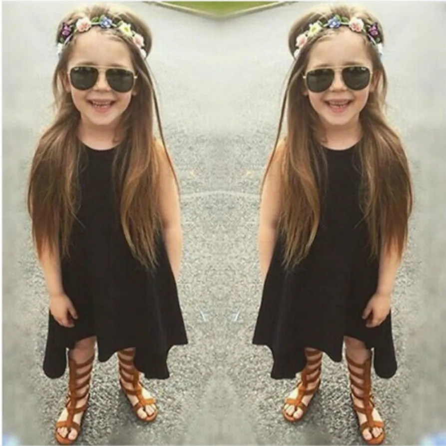 Summer Girls Dresses Black Gray Irregular Hem Rotary Party Dress Sleeveless Cotton Solid Kids Clothes Vestidos 2-6 Years | Детская