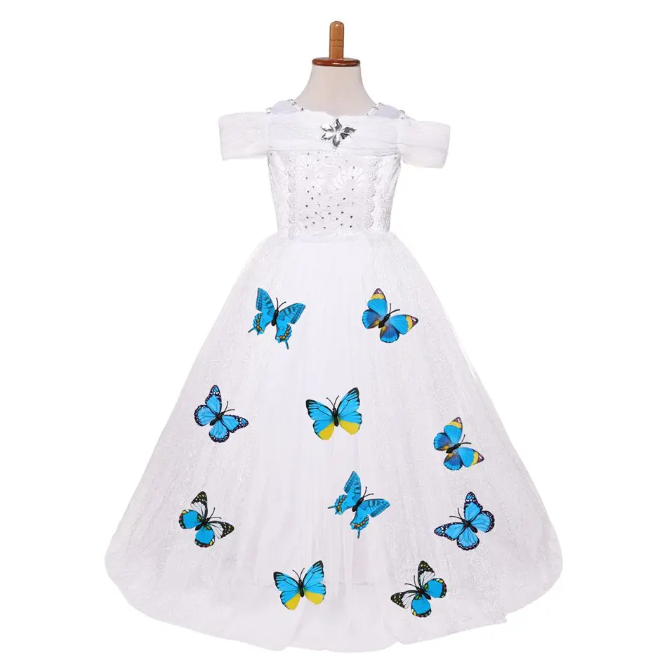 White Dress 5 цветов, праздничные платья для девочек на свадьбу с цветочным рисунком, костюм бабочки «маленькая русалочка», «Золушка», «Спящая красавица», одежда принцессы - Цвет: White Dress