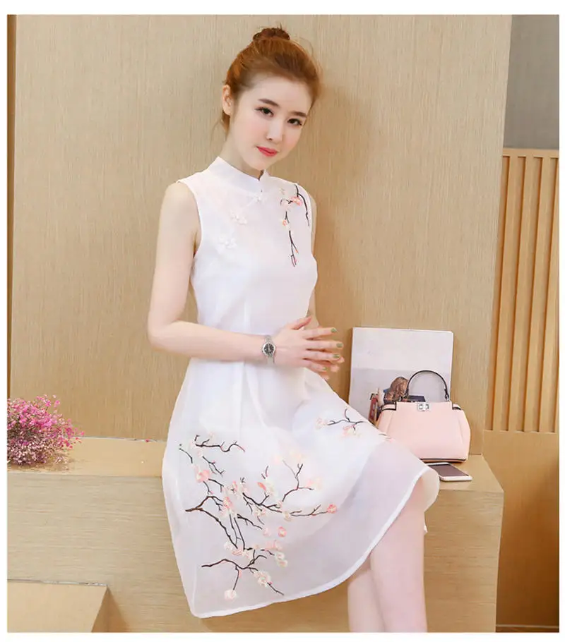

New Woman Cheongsam Collar Embroidery Vintage Dress Elegant Party Dresses Sleeveless Sundress Women Summer Short Dress RE2246
