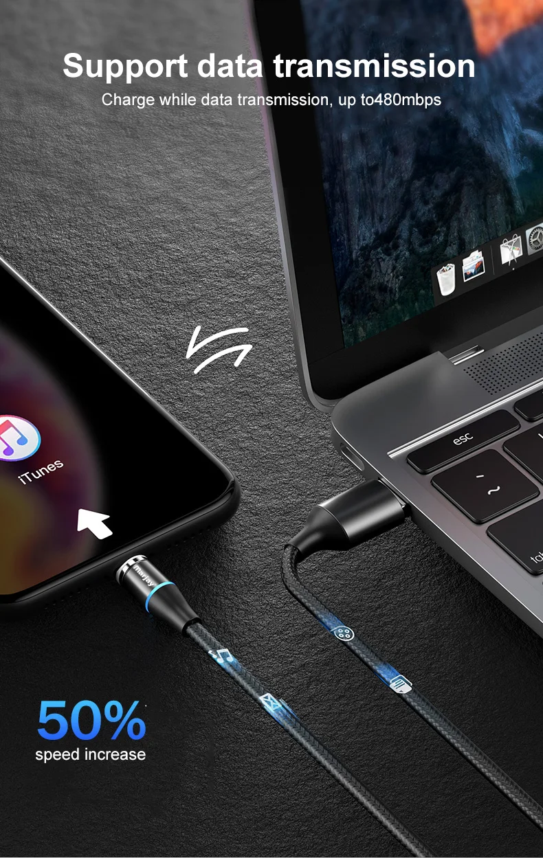 Магнитный кабель Marjay, 2 м, 3 А, быстрая зарядка, 3,0, Micro usb type-C кабель для iphone X Xs Max, samsung, Xiaomi, магнитный шнур для быстрой зарядки
