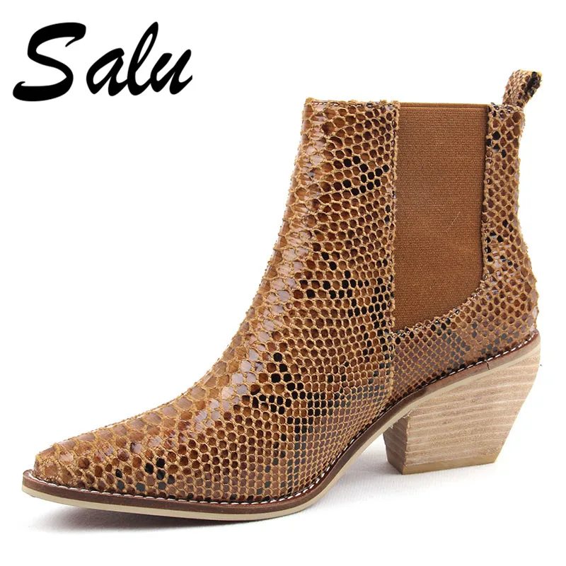 

Salu New Ankle Boots Sexy Snake Pu Leather Women Shoes Pointed Toe Thick High Heel Python Embossed Leather Shoes Woman