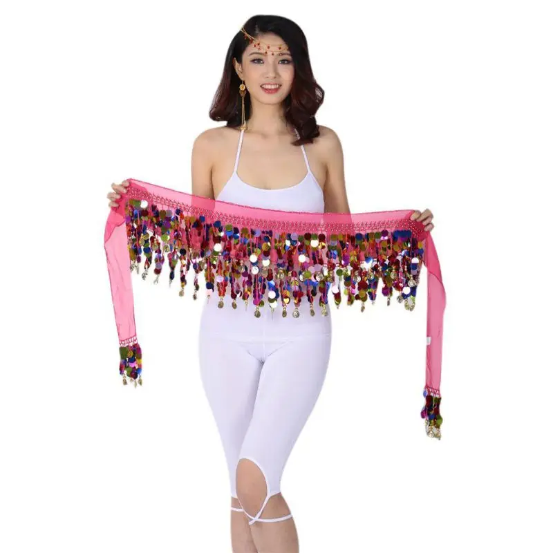 

Cute Belly Dance Hip Chiffon Skirt Scarf Wrap Belt With Golden Coins Sequins 10 Colors Dancing Accessories W2