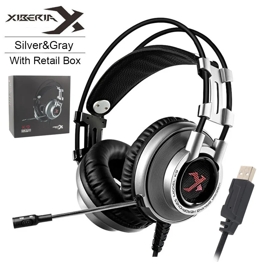 Silver withRetailBox XIBERIA K9 Виртуальная 7,1 Звуковая игровая гарнитура casque лучшие PC Gamer USB стерео бас наушники с микрофоном для игры Cumputer - Цвет: Silver withRetailBox