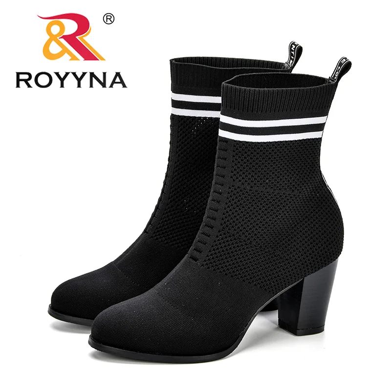 ROYYNA/Новые осенние женские сапоги с круглым носком, эластичные вязаные сапоги без шнуровки, сапоги до середины икры на высоком каблуке, женские туфли-лодочки на шпильке