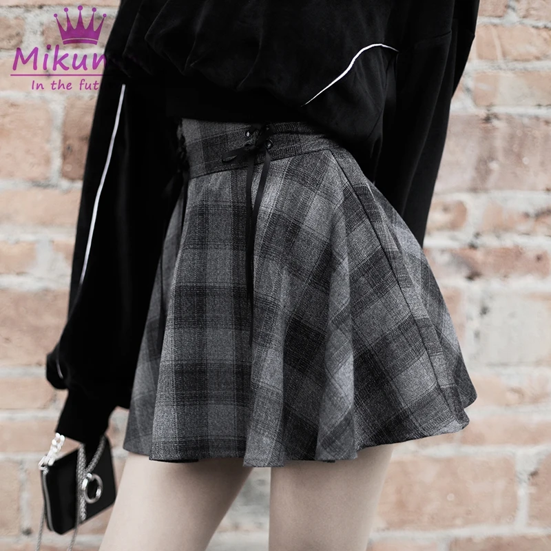Серая клетчатая мини юбка в стиле Харадзюку осенне зимние женские