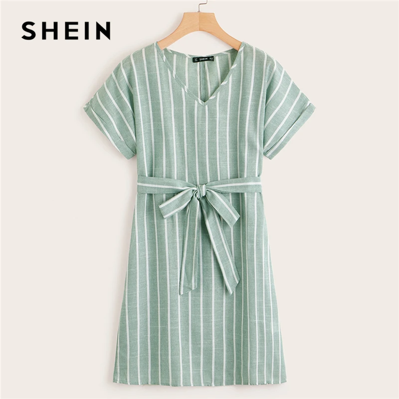 SHEIN модное платье с v-образным вырезом и поясом в Вертикальную Полоску,, элегантное зеленое Пастельное летнее женское платье с коротким рукавом, туника, прямые платья