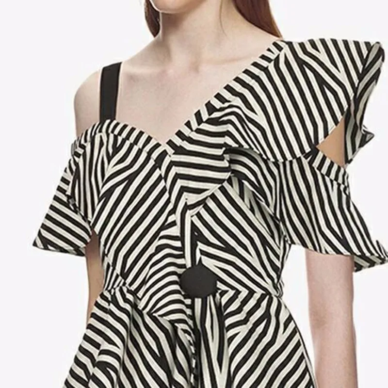 

TWOTWINSTYLE Striped Irregular Shirt Female Off Shoulder Ruffles Short Sleeve High Waist Asymmetrical Blouse 2020 Summer Sexy