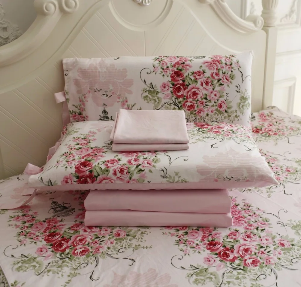 FADFAY Cotton Rose Floral Print Bedding Sheet Sets 4-Piece California King Size Shabby Flat With Pillow Cases Bed Set | Дом и сад