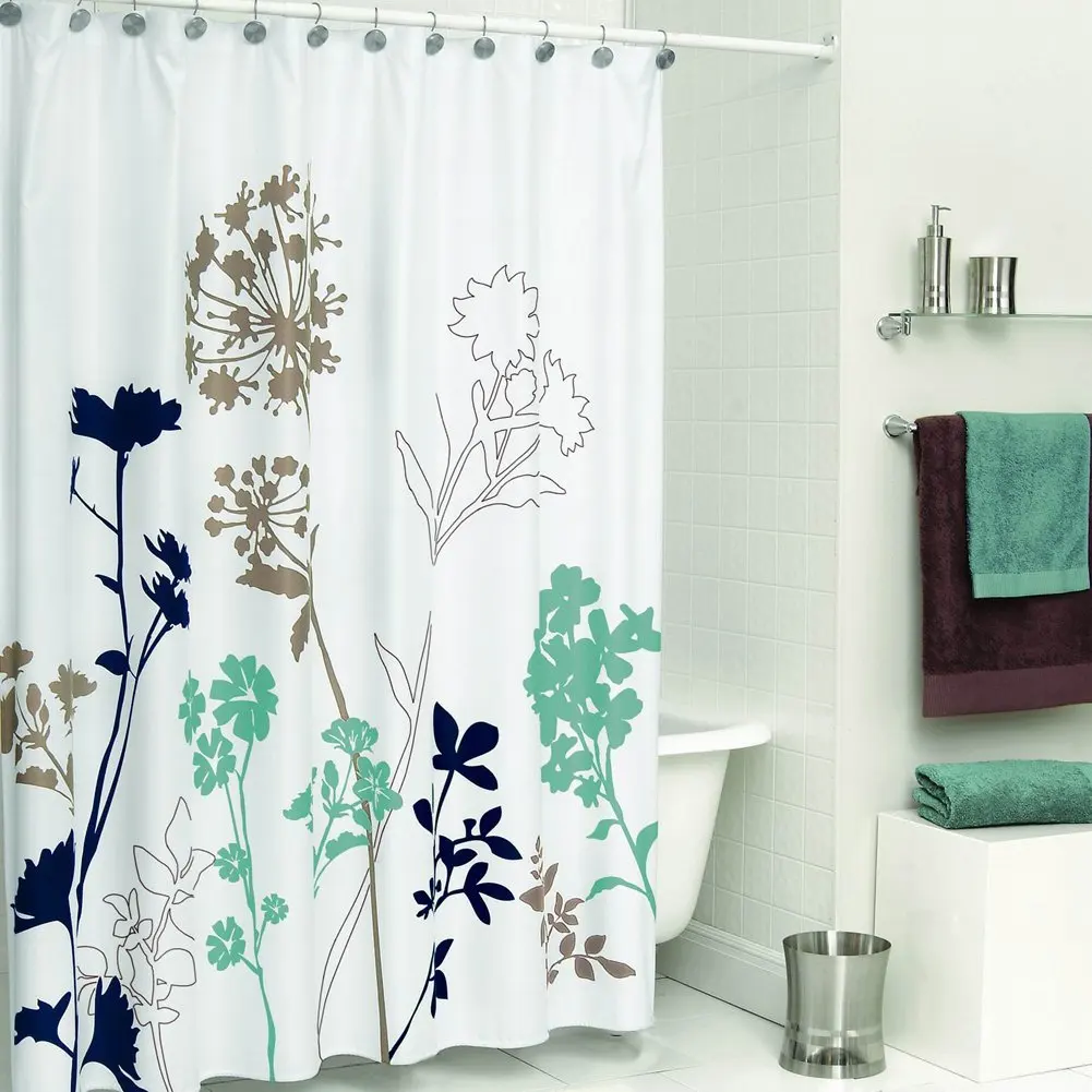Silhouette Flower Shower Curtain,Mildew Resistant Fabric,Plants for Bathroom,Floral,Print Waterproof Shower Curtain