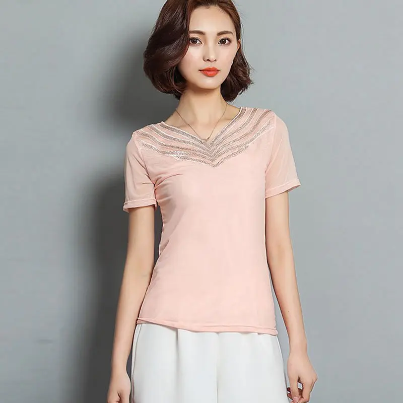 Blusas Femininas 2017 Лето Женщины Блузки Алмаз V-образным Вырезом С Коротким Рукавом